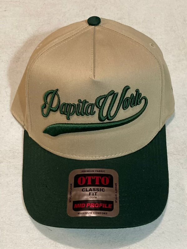 curved tan and green cap