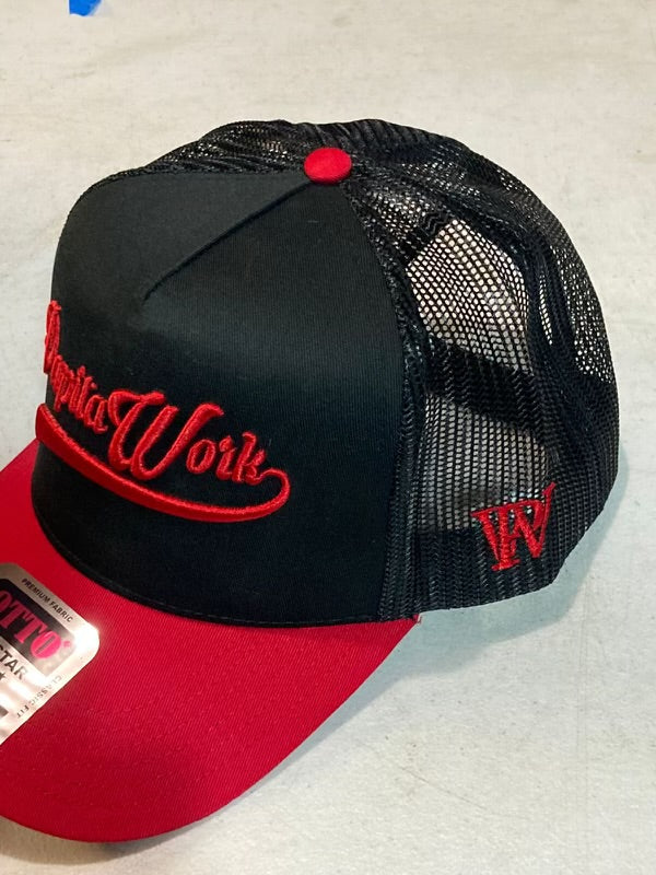 curved black and red trucker cap