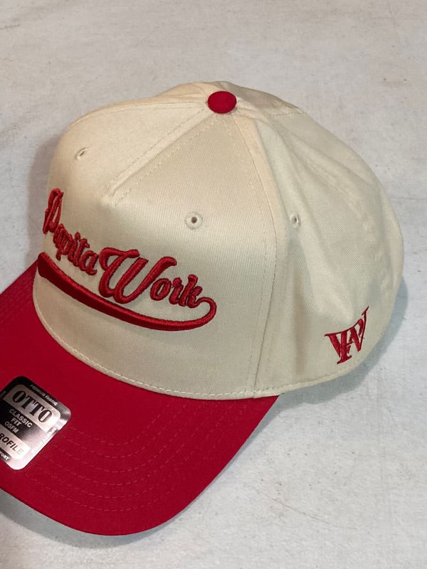 curved white and red cap