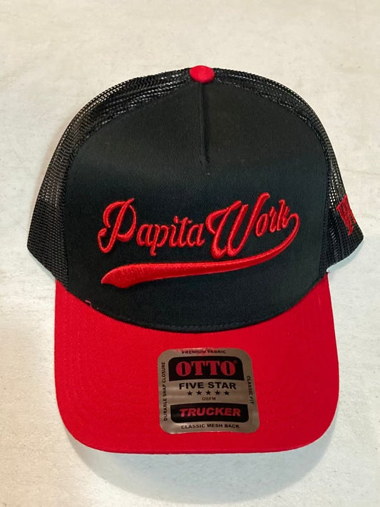 curved black and red trucker cap