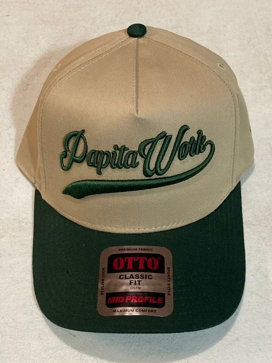 curved tan and green cap