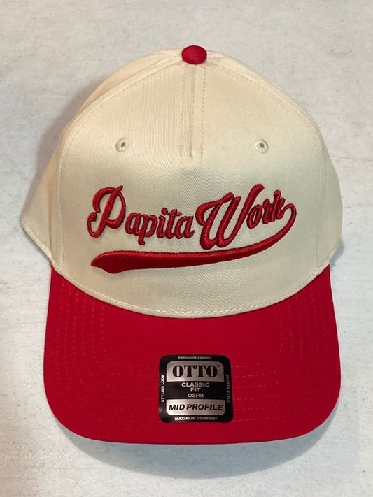 curved white and red cap