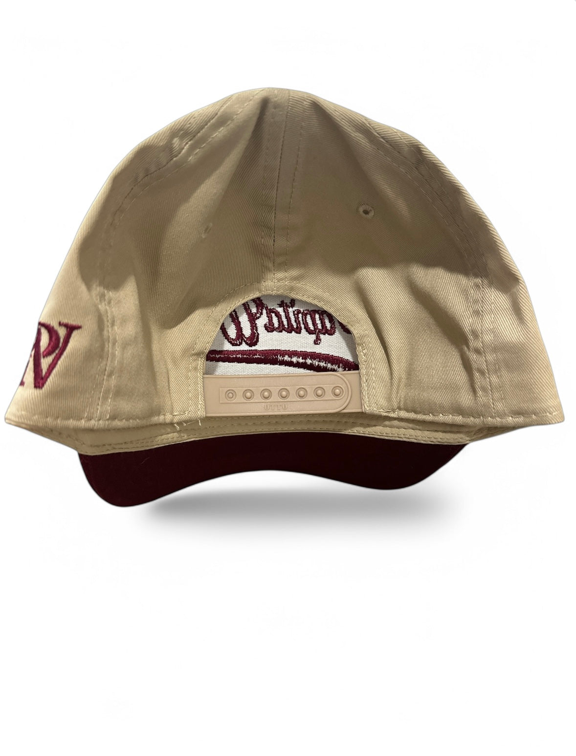 curved tan and maroon cap