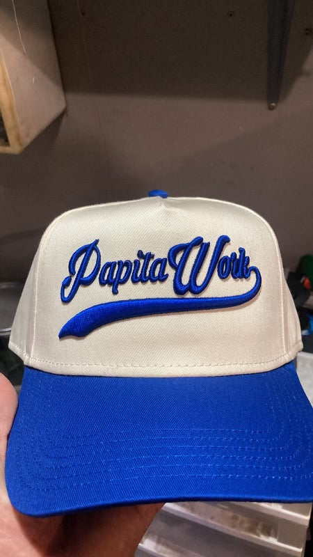 Papita work dodger font cream/blue SnapBack cap